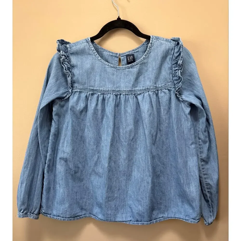GAP Girls Denim Top Long Sleeve Ruffle Peplum Style Light Wash Size XXL=16/18